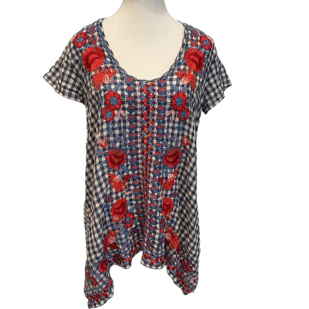 Vintage Johnny Was Workshop Blue Gingham Floral Embroidered Top Tunic Size XS